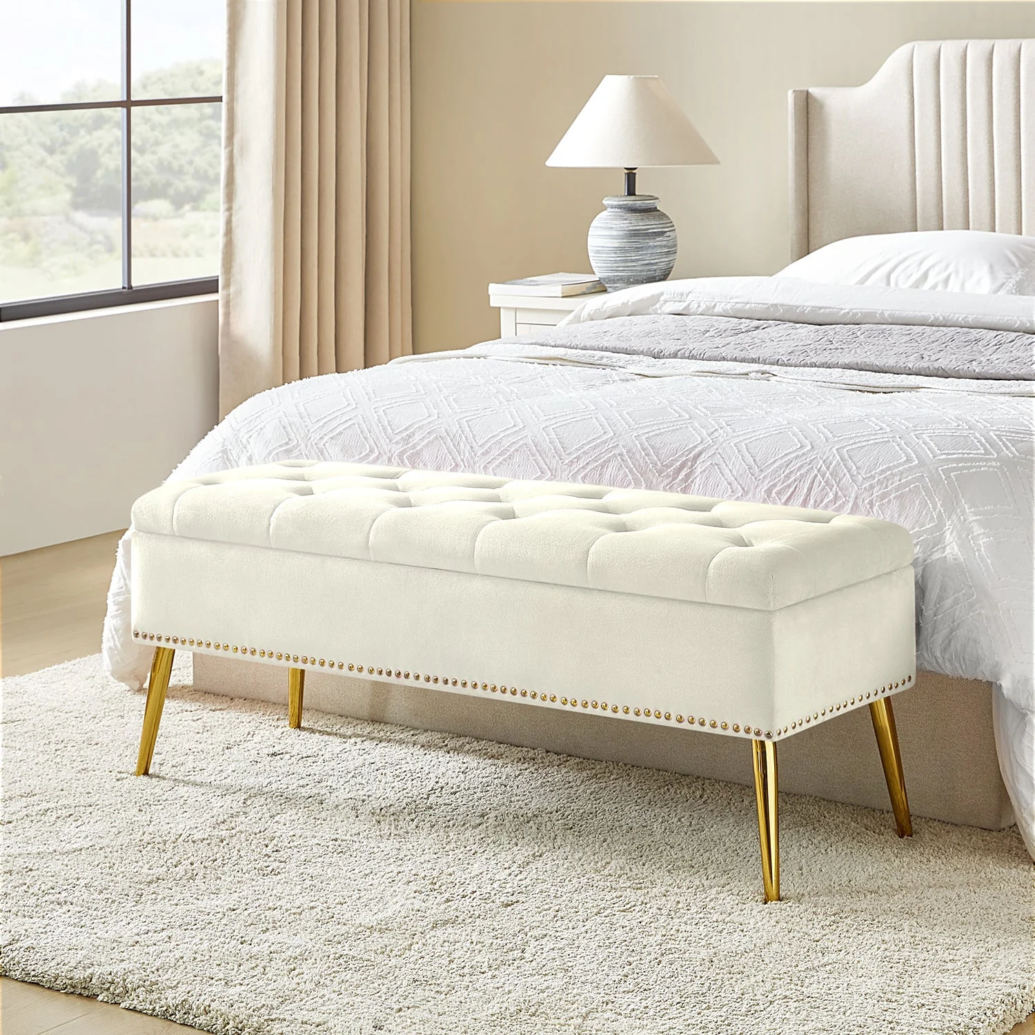 Velvet Button-Tufted Storage Bench with Nailhead Trim, Foam Seat & Gold Splayed Metal Legs | Ivory / Mustard / Tan / Fuchsia / Black / Navy / Grey / Orange / Sage / Green / Teal | Single