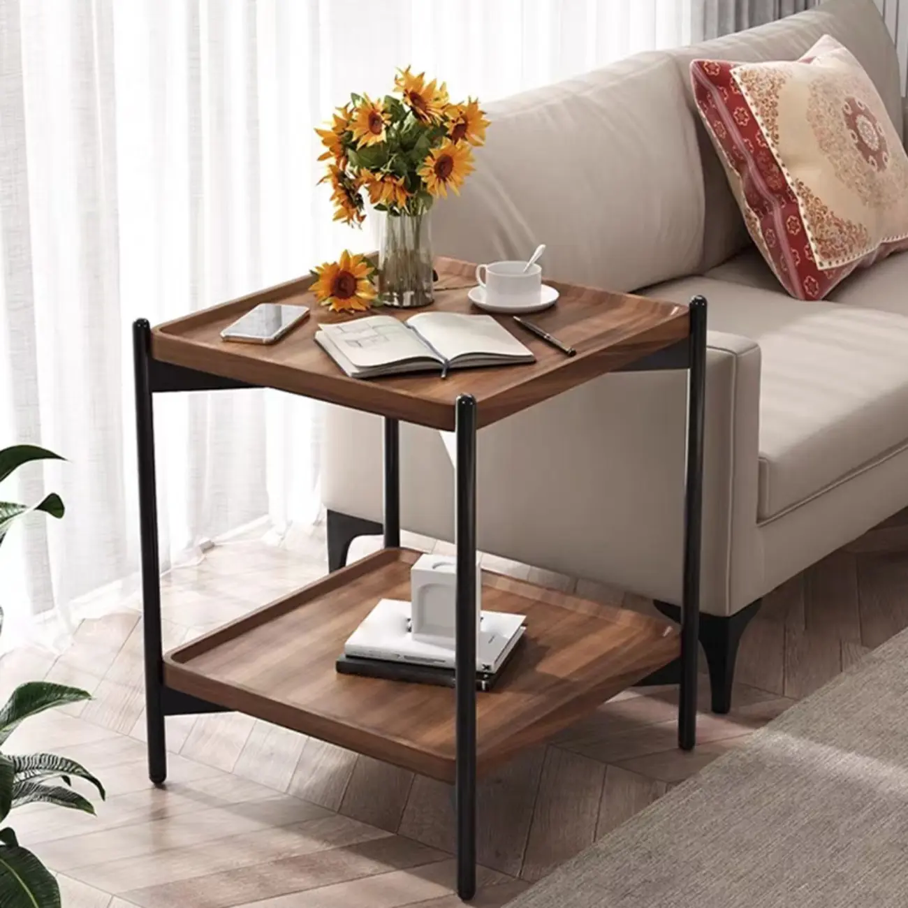 Glam 2-Tier Solid Wood End Table with Storage for Living Room