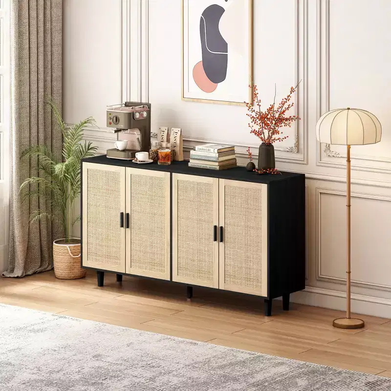 JVNOXK 62.20-inch Elegant and Practical Four-Door Rattan Decorative Storage Cabinet, Suitable for Bedrooms and Living Rooms, Black