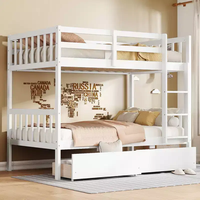 Twin Rubber Wood Bunk Bed with 2 Storage Drawers, Convertible to 2 Twin Beds, Ladder & Guardrails, White