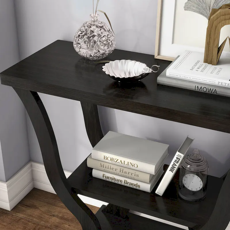 Espresso Particle Board Console Table with Open Shelf & Tapered Profile – Transitional Style
