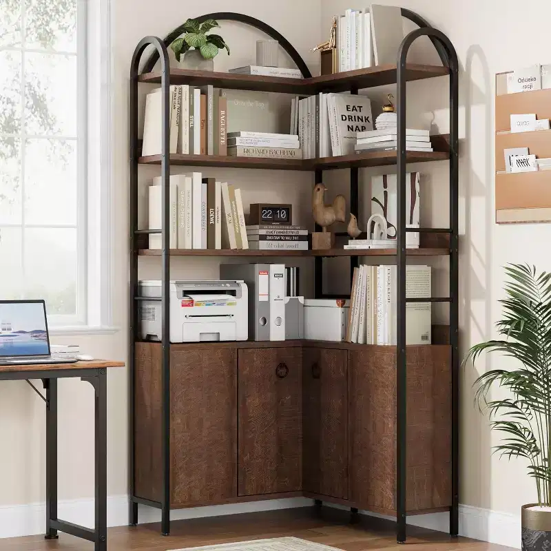 74 Tall 6-Tier L-Shaped Corner Bookshelf with Cabinet, Rustic Storage Bookcase with Doors for Living Room & Home Office, Brown