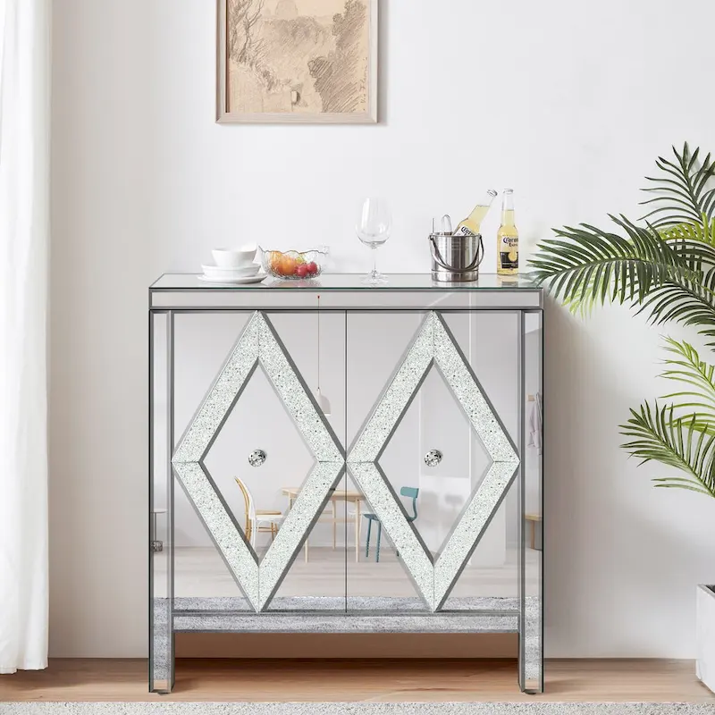 Silver/Grey 2-Door Storage Cabinet with Mirror Trim & Diamond Design – 1 Person Assembly