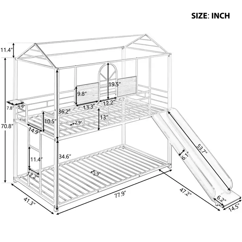 Bellemave Twin Over Twin Bunk Bed with Slide and Ladder, House Floor Bunk Bed with Guardrails and Shelf, White