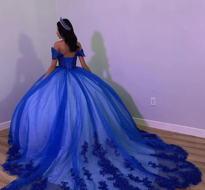 Royal Blue Tulle Off The Shoulder Quinceanera Dress