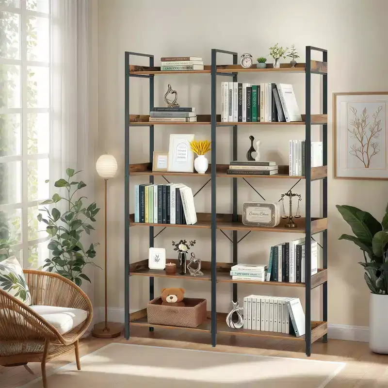 VIYET 69 6-Tier Industrial Bookshelf, Brown MDF+Metal Frame Open Shelf Bookcase (Freestanding Storage & Display for Home/Office)