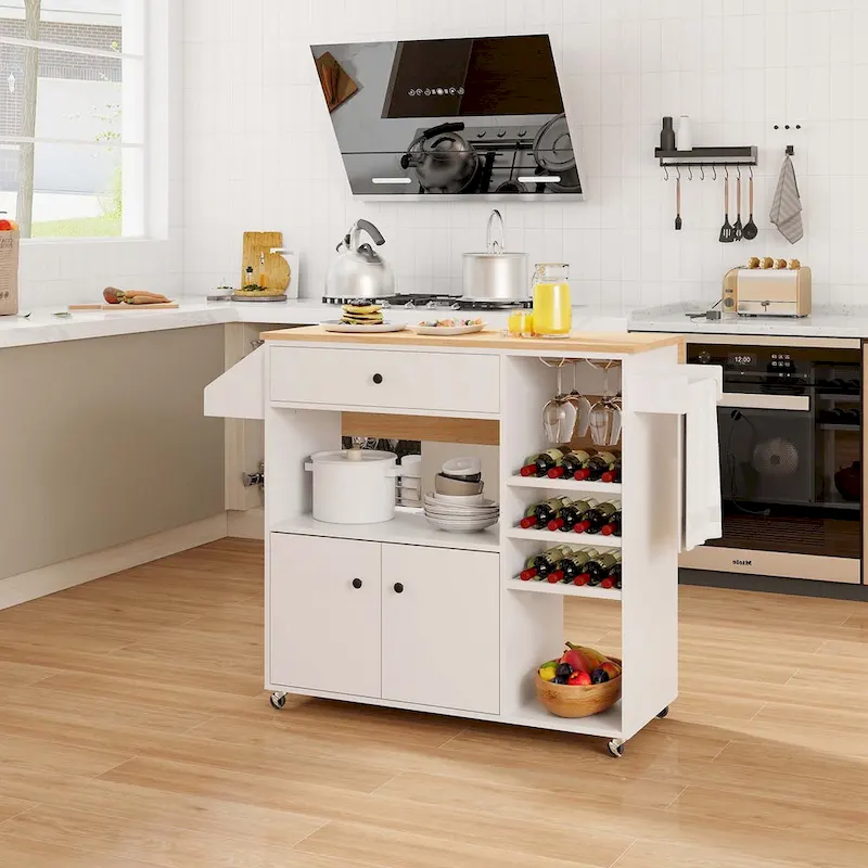Rolling Kitchen Cart Kitchen Island Cart w/ Drop-Leaf & Power Outlet