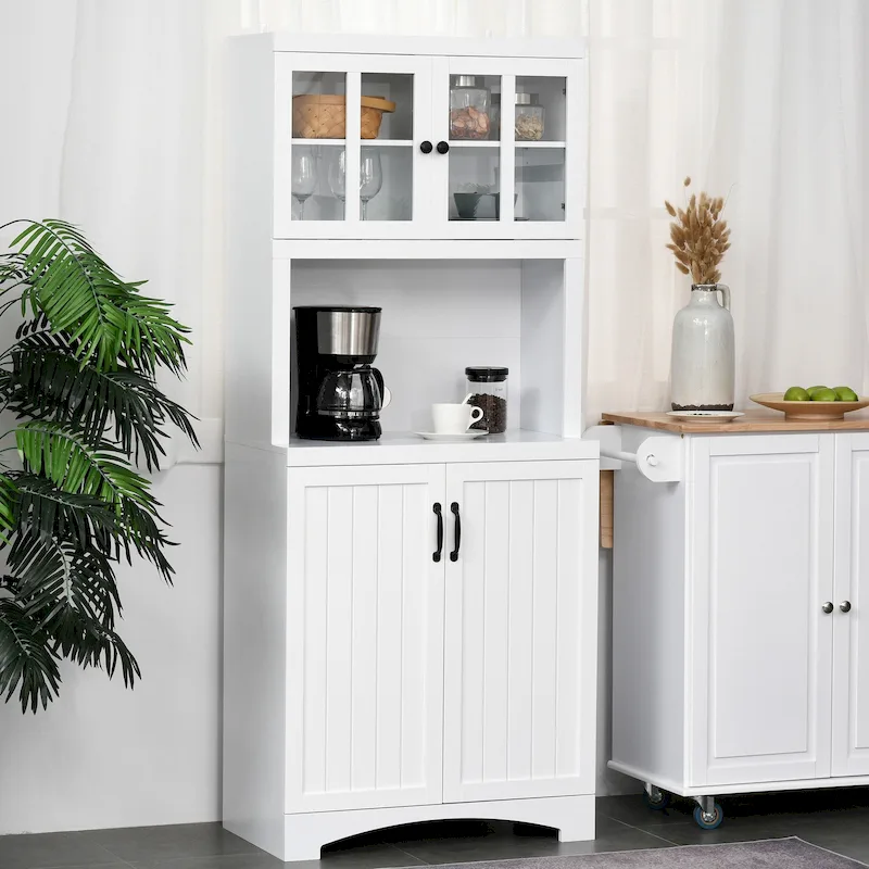 White / Grey Kitchen Buffet Hutch with Glass Door, 2-Person Household