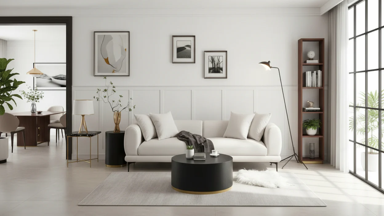 Fabric Sofa with Recessed Arms & Metal Legs – Blue / Beige, Mid-Century Modern, Seats 4