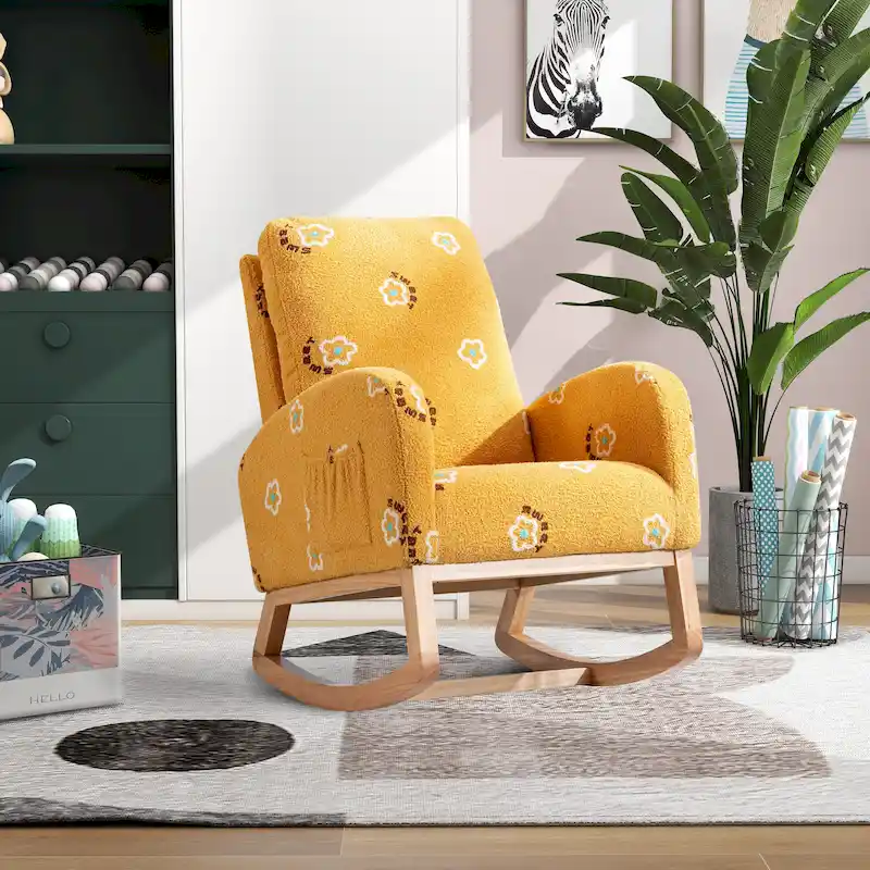 Mustard / Green / Beige / Blue Boucle High Back Rocking Chair, 1-Seat, with Side Pocket