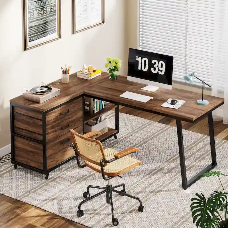 Reversible L-Shaped Corner Desk with File Drawers – Brown / Grey, 3 Drawers, 1 Person