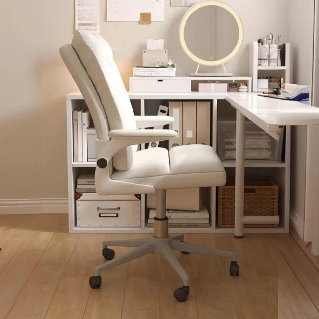 Modern White Fabric Upholstered Adjustable Swivel Office Chair