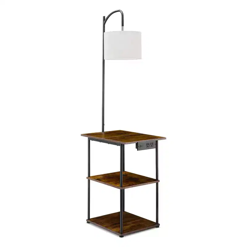 VEVOR Floor Lamp with Table, Narrow 3-Tier End Table with Open Shelves & 3 Color Temperature Lighting, USB & Type C & AC Charging Port,Brown & Black