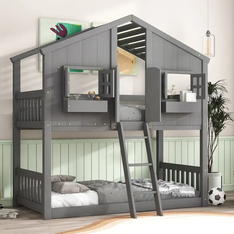 Twin over Twin House Bunk Bed with Roof, Window, Window Box, Door, Safety Guardrails and Ladder – Grey