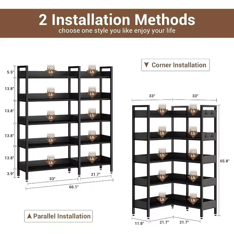 Sturdy 5-Tier Corner Bookshelf with Metal Frame, Convertible Feature, and 4 HooksBuilt for Longevity in Living Room, Bedroom, or Home Office