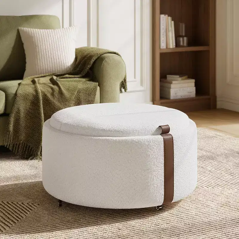 GDFStudio Bennett Modern Contemporary Upholstered Wood Round Storage Ottoman with Casters and Reversible Tray Lids