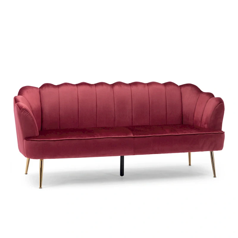 Velvet Channel Stitched 3-Seater Sofa with Gold Metal Legs
