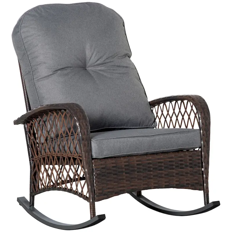 Outdoor Wicker Rocking Chair with Thick Padded Backrest, Rattan Rocker with Steel Frame for Patio, Garden, Backyard