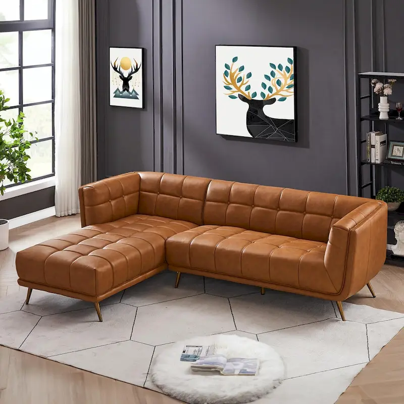 Cognac Tan Chesterfield Genuine Leather Sectional Sofa - Mid-Century Modern