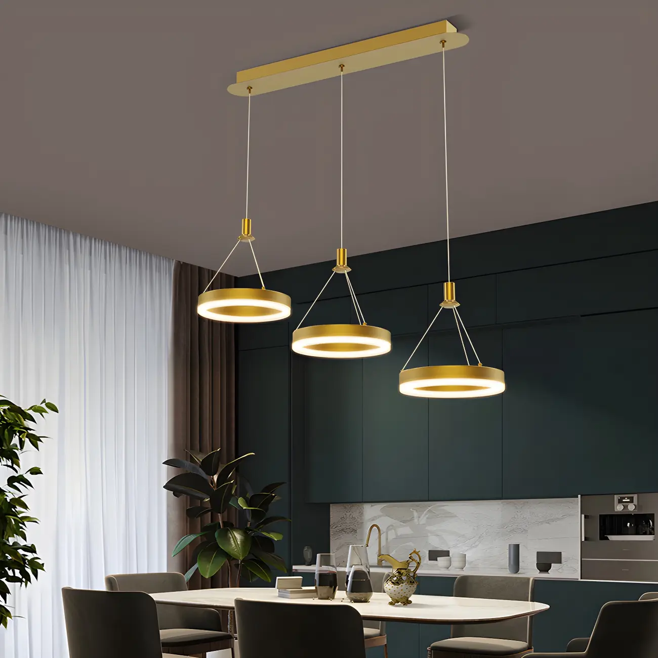 Geometric 3-Light Brass LED Island Pendant Light for Kitchen