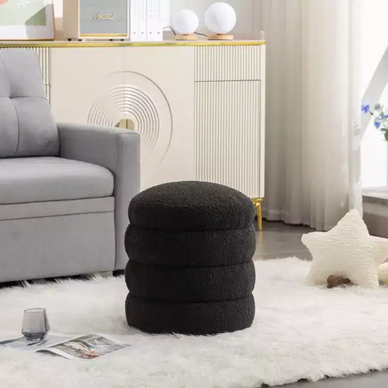 Soft Boucle Round Ottoman Footrest Stool,Black