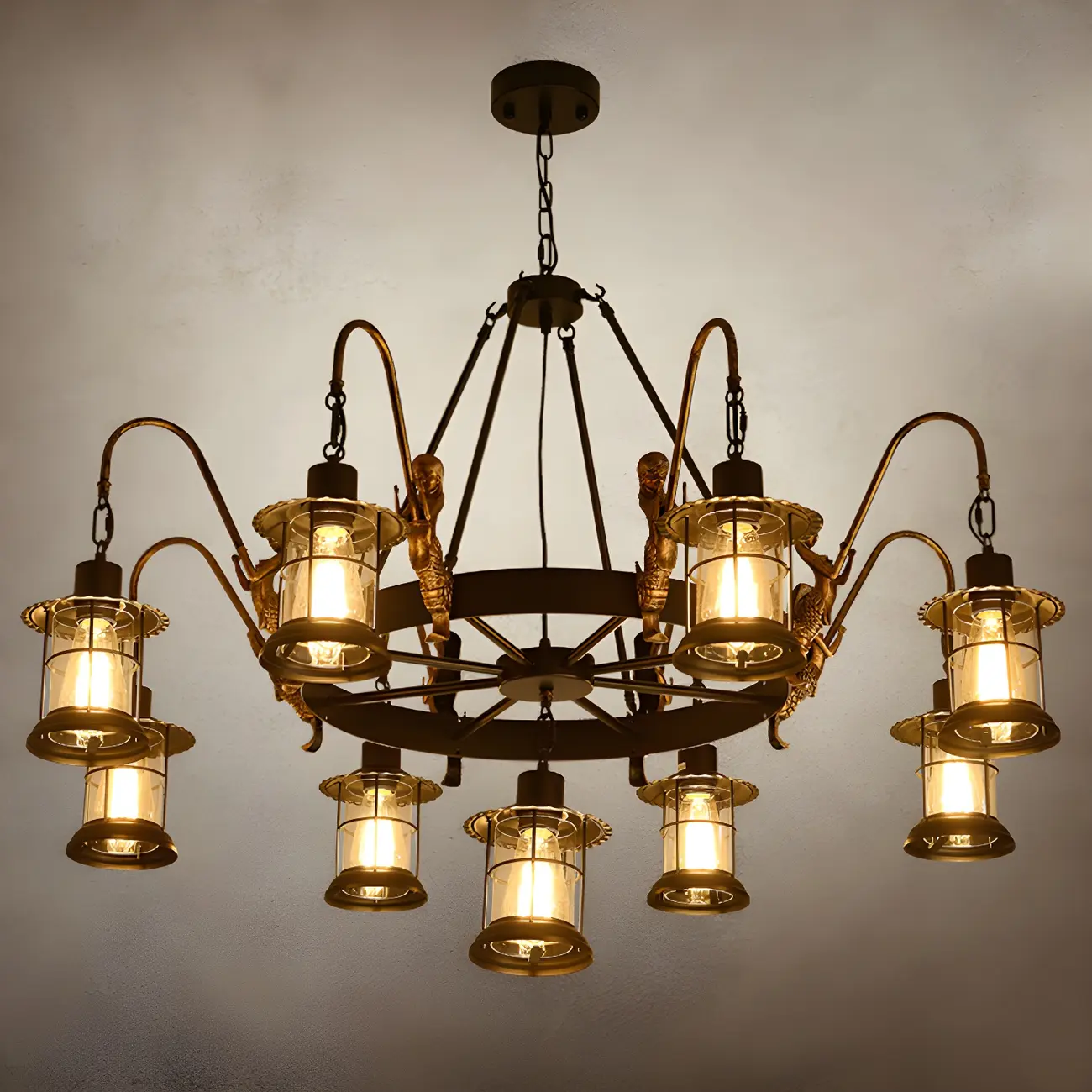 Industrial Black Metal Lantern Wheel Chandelier