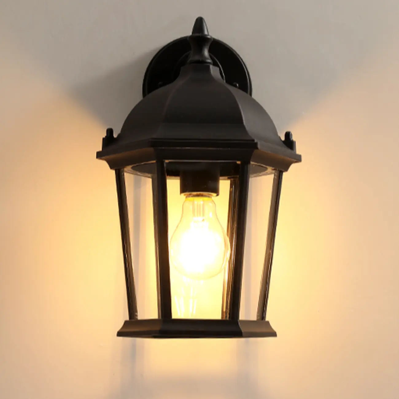 Classic Black Metal and Glass Lantern Wall Sconce Light