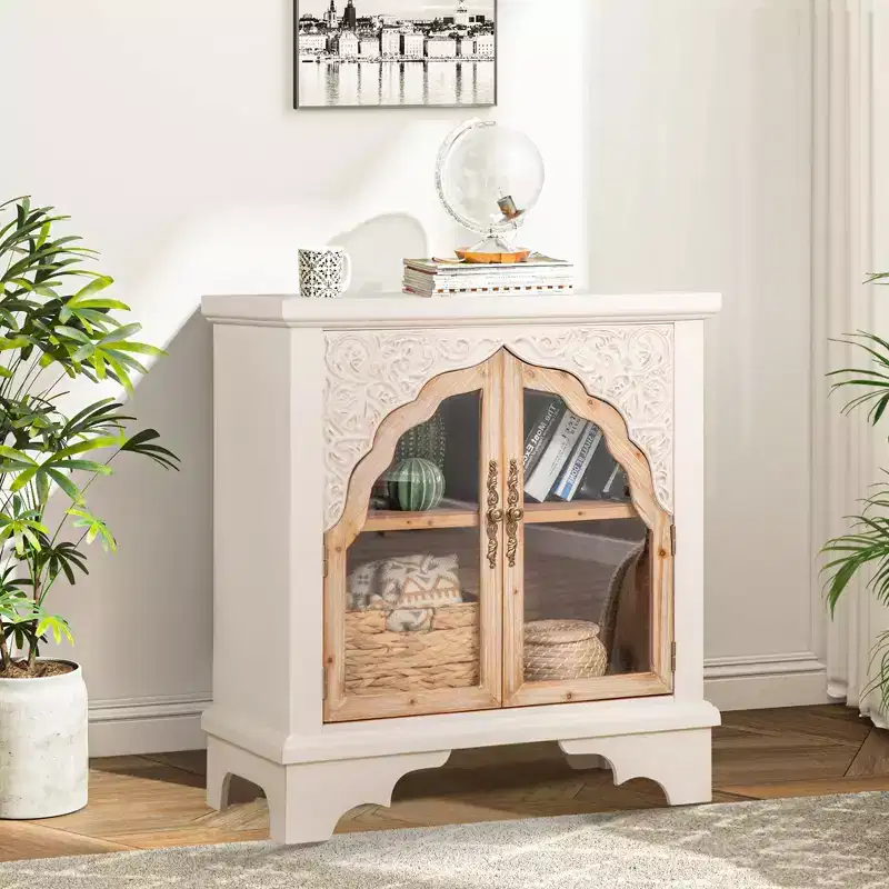 Captiva Designs Vintage Hollow Carved 2 Door Wood Storage Cabinet for Kitchen Entryway Living Room