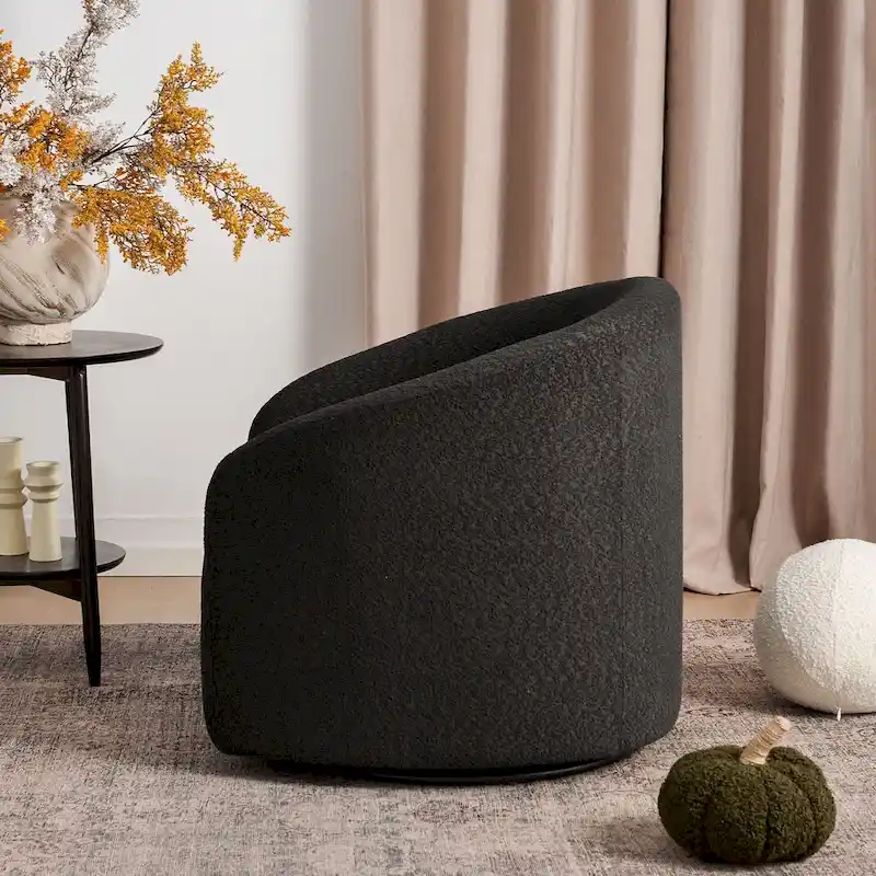KINWELL 32 W Boucle Upholstered Swivel Barrel Accent Armchair