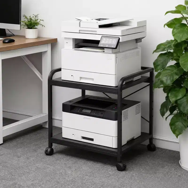 Under Desk Printer Stand, 20 Deep Large Printer Table with Height Adjustable Storage Shelf, 2 Tier Rolling Printer Cart with Wheels for Home Office