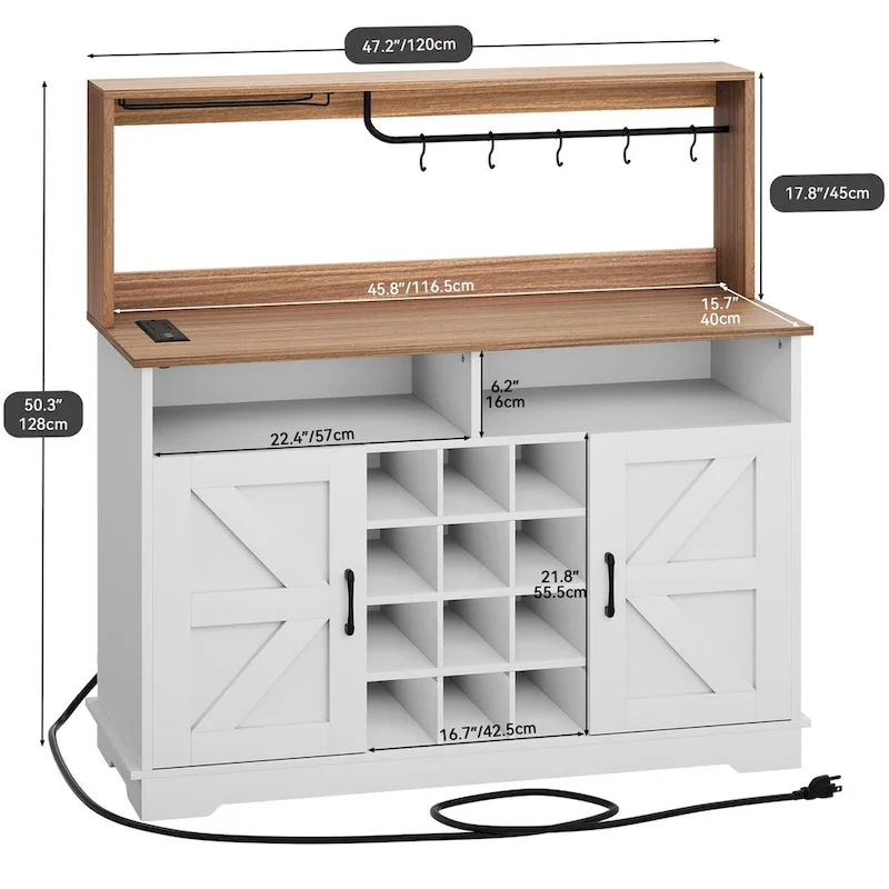 Bar Cabinet with Wine Rack and Power Outlets - 12-Bottle Storage (Black & Grey/White & Wood)