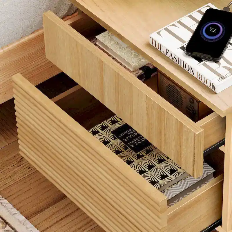 WAMPAT 4-Piece Bedroom Furniture Set, 47 Fluted 6 Drawer Dresser, 61 Buffet Sideboard, 2 Nightstand with Charging Station, Oak