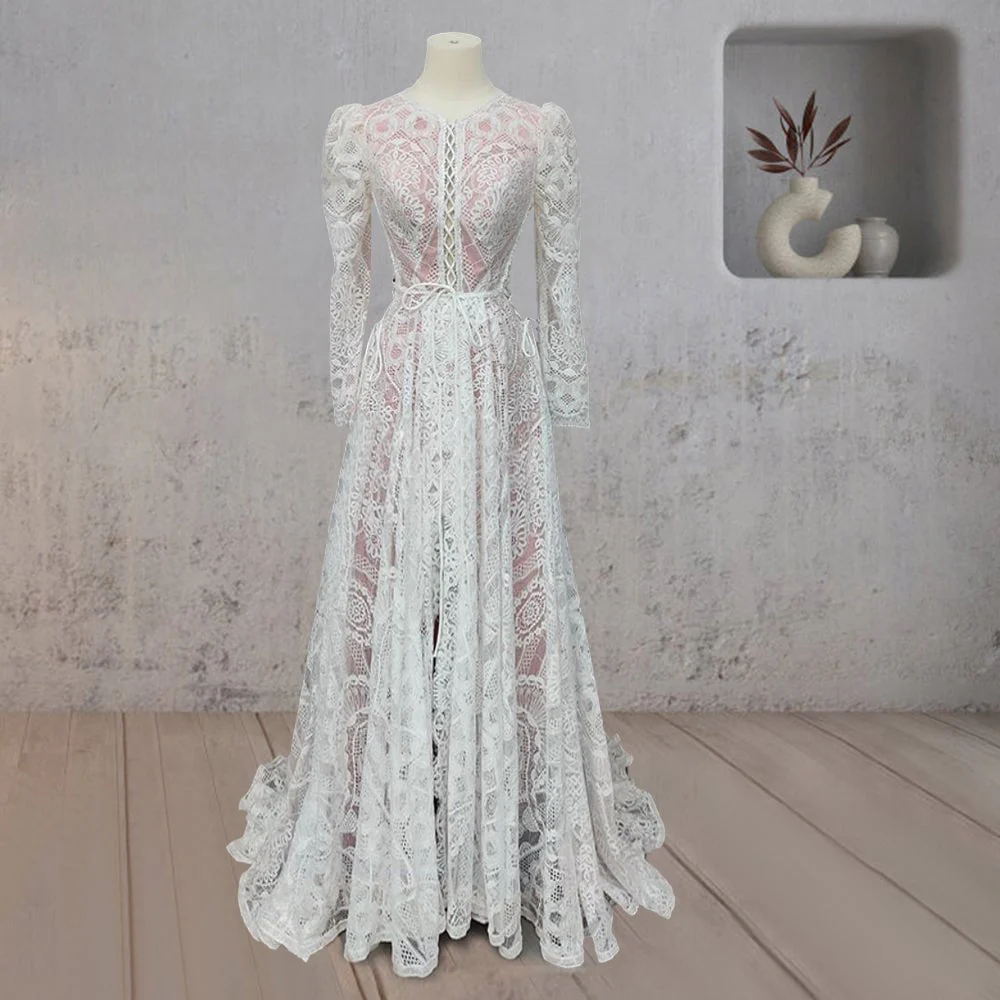 Ruched Bohemian Lace Round Neck Wedding Dress