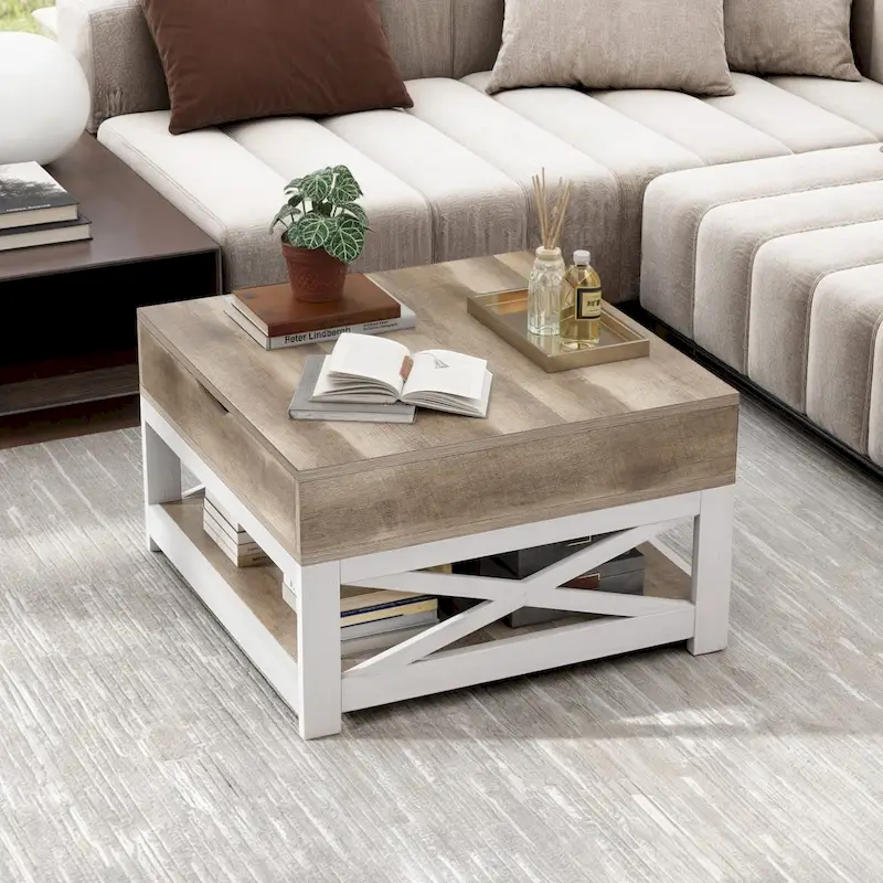 Moasis Farmhouse Square Lift Top Coffee Table with Storage Shelf for Living Room