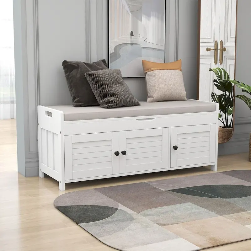 Grey / Antique Navy / White / Espresso Shutter-Door Storage Bench with Cushion, Seats 2