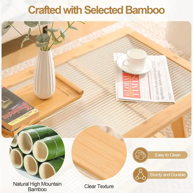 Bamboo Glass Top Side Table Accent End Table with Magazine Rack