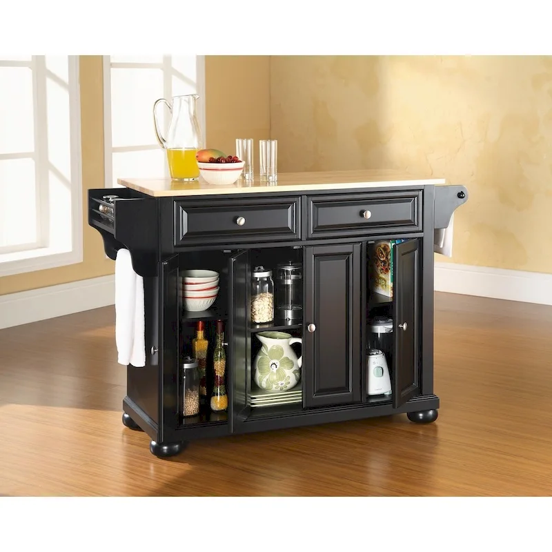 Natural Wood Top Kitchen Island in Black Finish - 51.5W x 18D x 34H