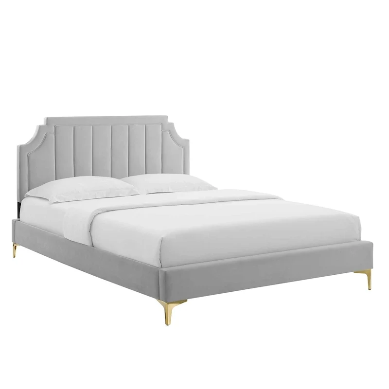 Performance Velvet Queen Platform Bed with Tufted Headboard - Gold Legs