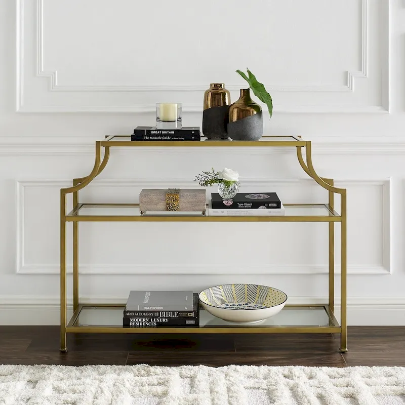 3-Tier Glass Console Table with Gold Finish Frame