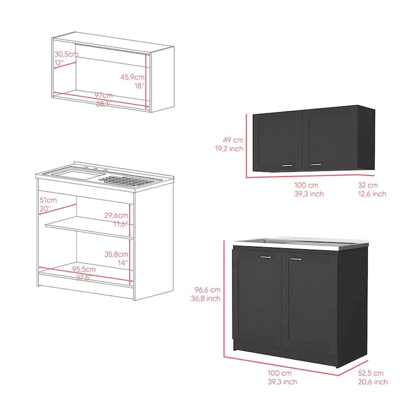 Cabinet Set, Garage, Black,30,8 H X 39,3 W X 20,4D