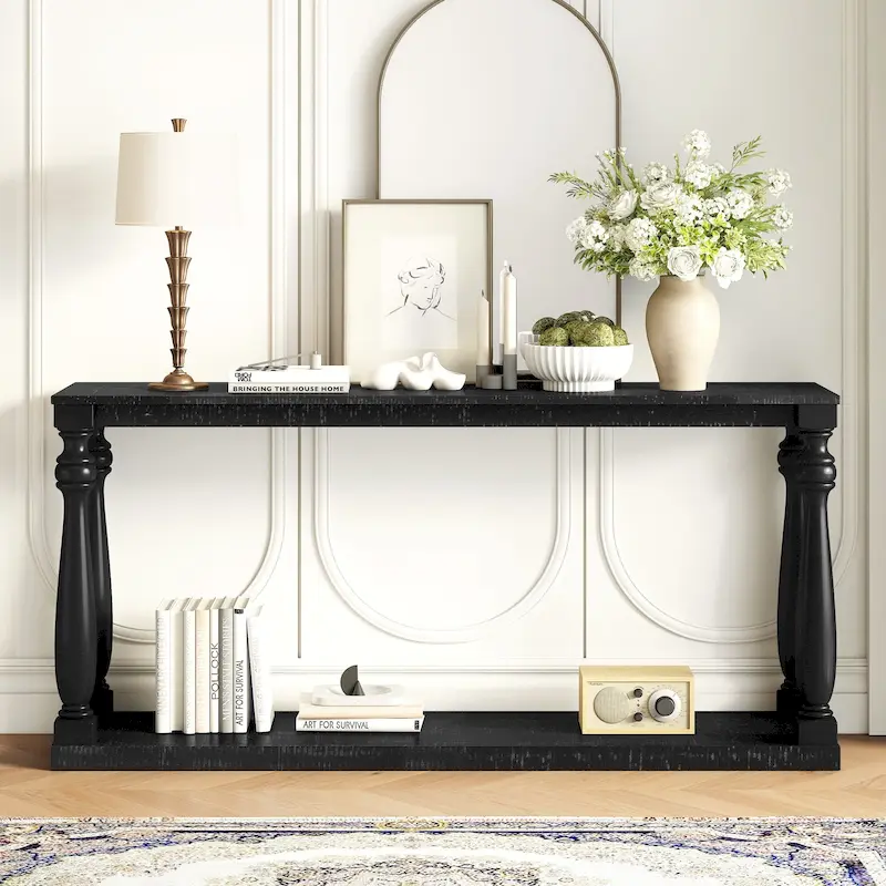 63   Long Entryway Console Table Sofa Table with Bottom Storage Shelf & Sculptural Vase-Leg for Hallway Living Room
