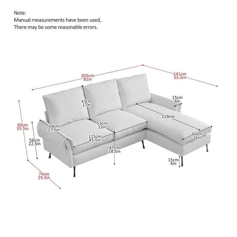 Modern L-Shaped Sofa Couch With Reversible Chaise Lounge