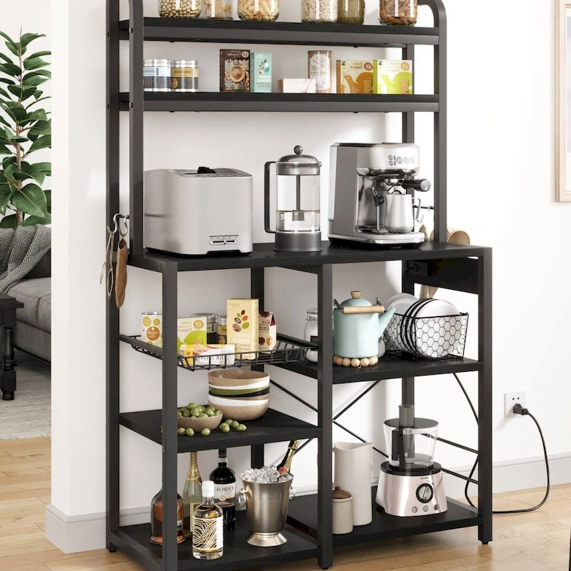 Kitchen Bakers Rack with Power Outlet, Wire Basket