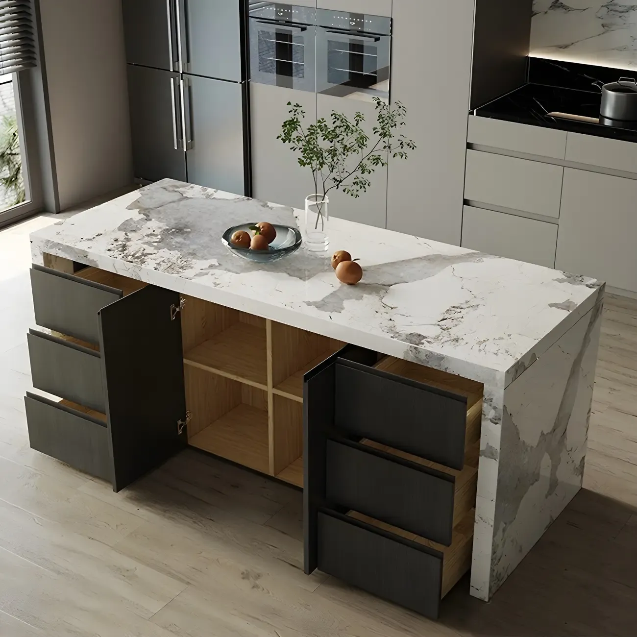 Modern Marble Top Wood Storage Bar Tables for Kitchen