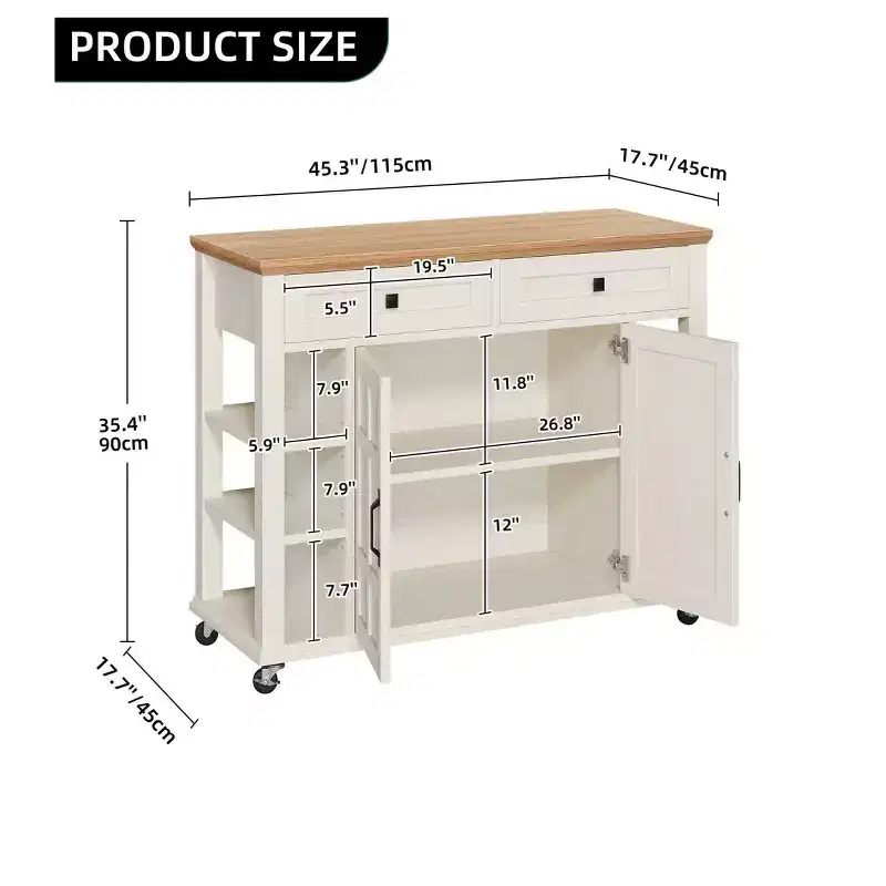 Kitchen Island on Wheels with 2 Drawers Wood Rolling Kitchen Cart with Adjustable Open Shelves for Kitchen Dining Room