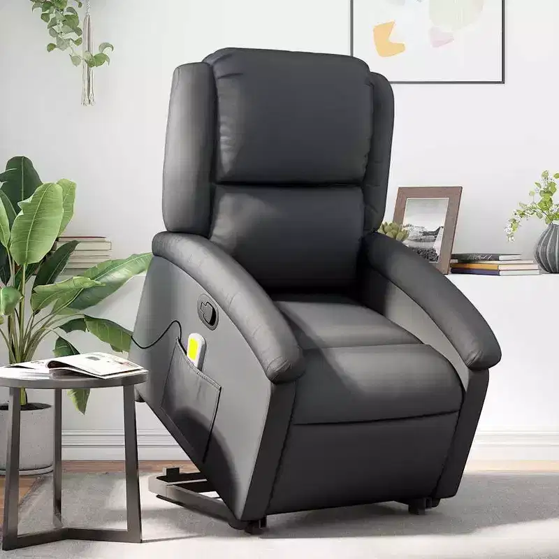 vidaXL Black Leather Power Lift Recliner Chair with Massage and Manual Recline, Comfortable Foam Padded Armchair for Elderly