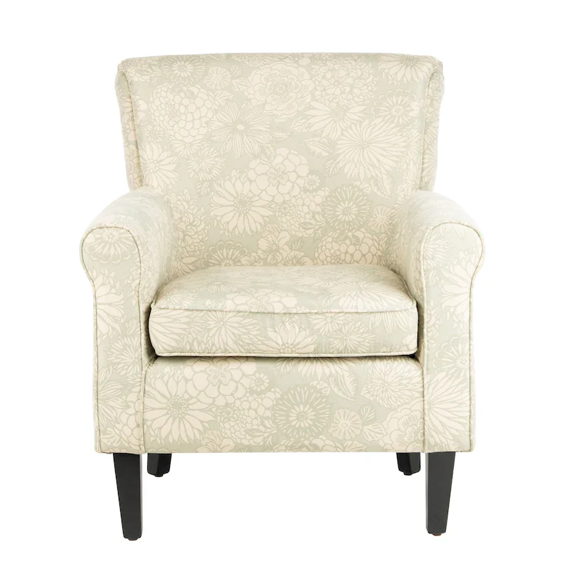 Roll Arm Club Chair with Printed Cotton-Linen Upholstery & Espresso Legs – Espresso / Beige Stripe / Red & White / Green / Beige Flower / Light Blue – 1-Seater
