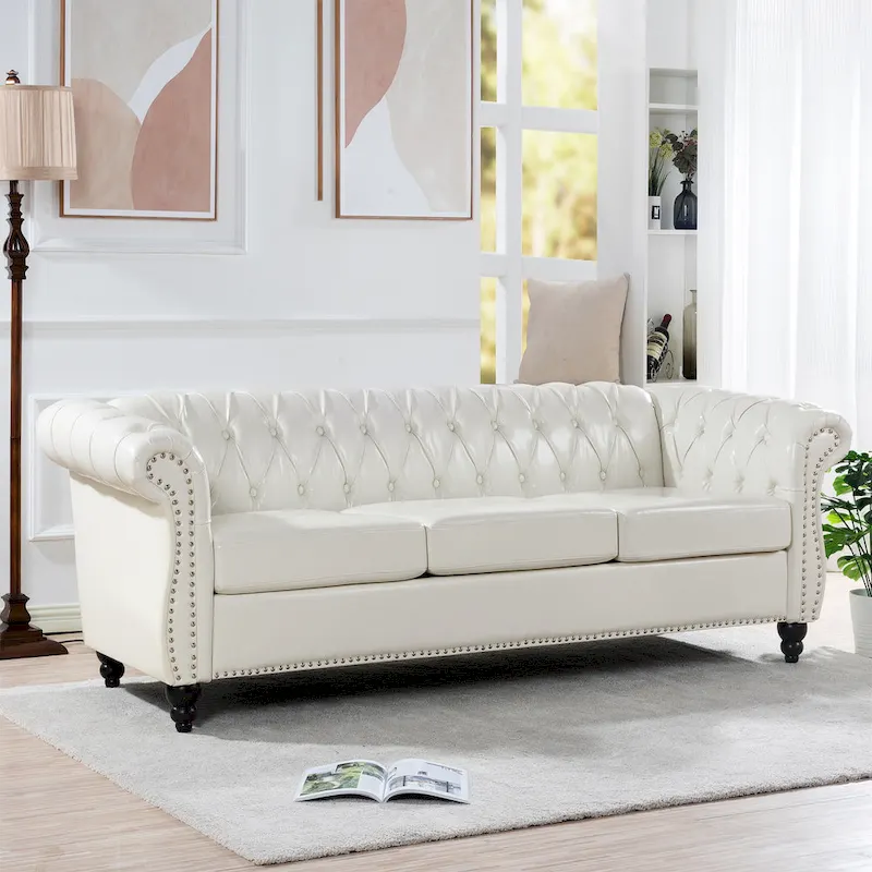 PU Leather 3-Seater Sofa with Button-Tufted Back & Rolled Arms – White, Chesterfield Style, Seats 3