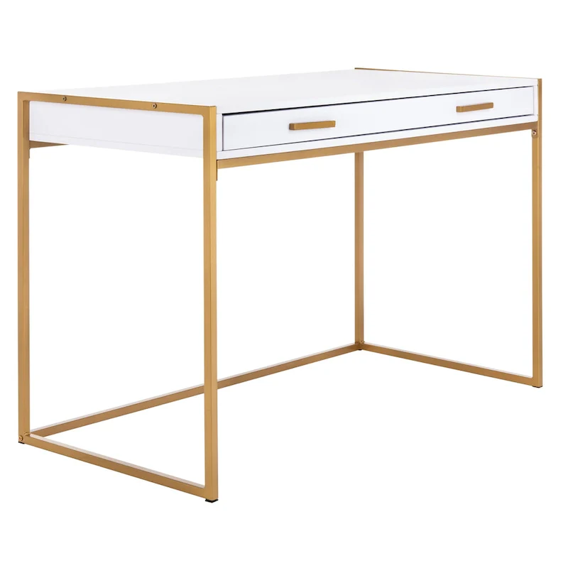 White & Gold 1-Drawer Console Desk with Metal Frame – 1-Person