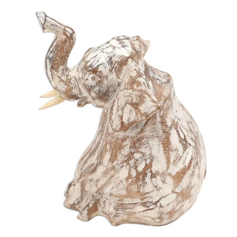 Novica Handmade Rustic Sitting Elephant Wood Sculpture